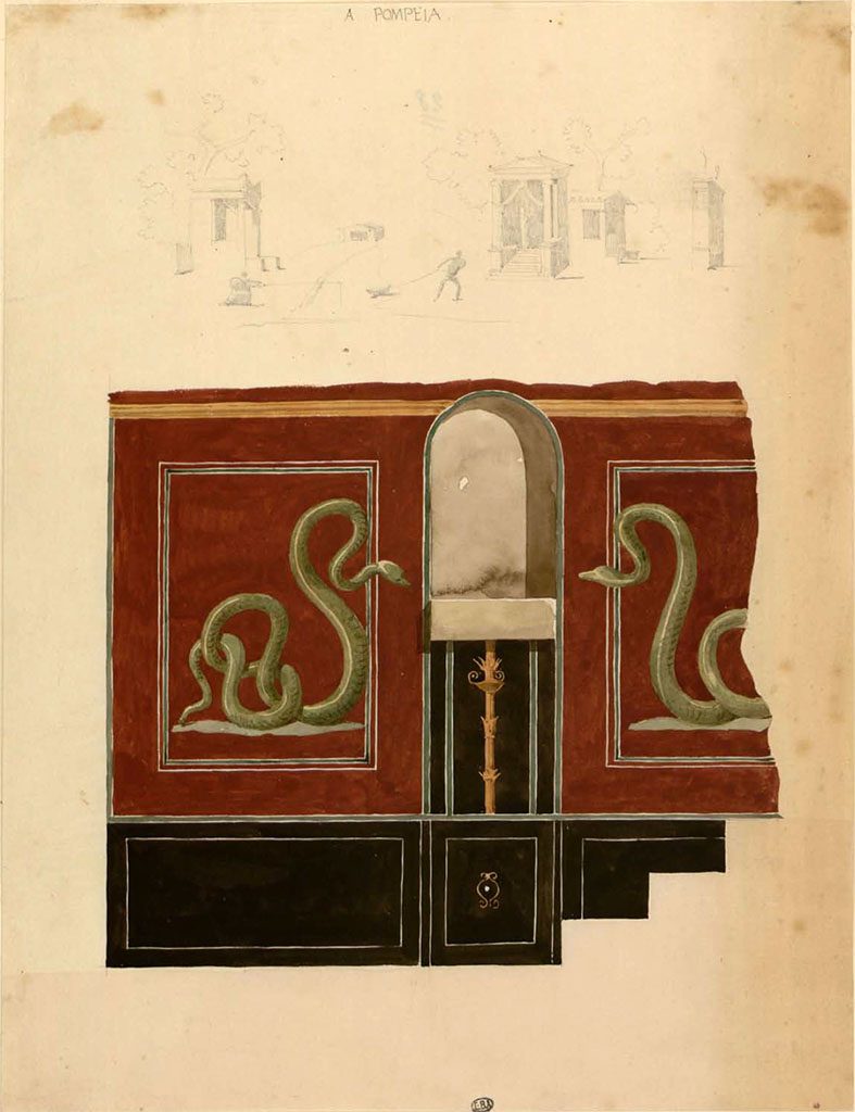 VII.9.42 Pompeii. Between 1823 and 1828, painting by F Duban of west wall with arched niche and serpents.
The pencil drawings above it, may or may not be from the Macellum, VII.9.7/8.
See Duban F. Album de dessins d'architecture effectus par Flix Duban pendant son pensionnat  la Villa Medicis, entre 1823 et 1828 : Tome 2, Pompi, pl. 41.
INHA Identifiant numrique NUM PC 40425 (2)
https://bibliotheque-numerique.inha.fr/idurl/1/7157   Licence Ouverte / Open Licence  Etalab
