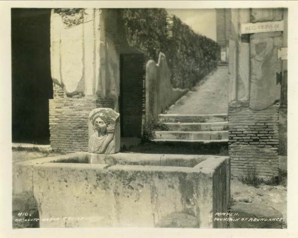 VII.9.67, 1932. Fountain and rear steps leading up to Eumachias building. Photo taken during a shore-visit from the cruiseship Resolute in 1932. Photo courtesy of Rick Bauer.
