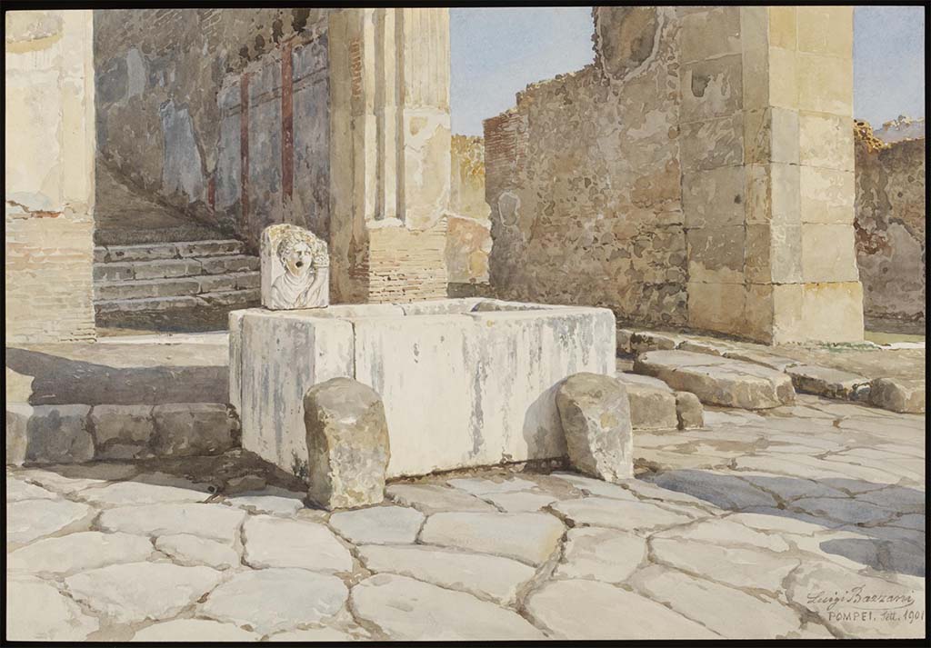 VII.9.67 Pompeii. September 1901. Watercolour by Luigi Bazzani.
Looking north across Via dellAbbondanza towards fountain at base of rear stairs, and Vicolo di Eumachia, on right,
Photo  Victoria and Albert Museum, inventory number D1819-1904.
