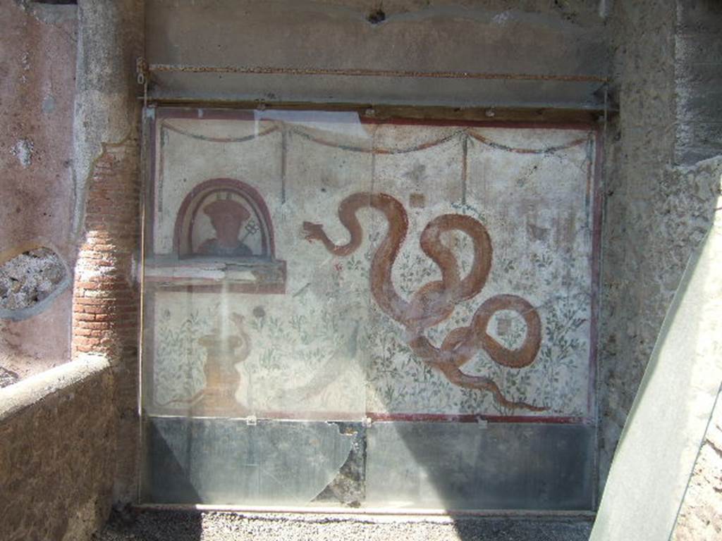 I.6.2 Pompeii. May 2006.  Painted lararium on west wall near portico.  
Fortunately, the lararium was not damaged by the bombing of 19th September 1943, whereas the nearby portico was destroyed.
According to Boyce, above a black dado there was a white panel marked off by red stripes. On the left side was an arched niche with a projecting ledge beneath it. The bust of Mercury was painted on the rear wall of the niche. On the right side of the white panel there was a large yellow serpent, raising his head to the niche.  Below the niche was a second serpent coiling around a yellow cylindrical altar. There were painted green plants with red, yellow and blue flowers, amongst them were two butterflies and three birds. Near the larger serpent there was a peacock standing amongst the plants. Across the top, there were three garlands.
See Boyce G. K., 1937. Corpus of the Lararia of Pompeii. Rome: MAAR 14. (p.25, no.36, pl.9,3) 

