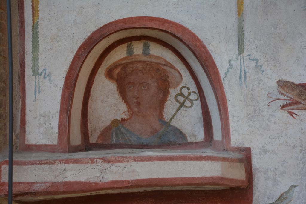 I.6.2 Pompeii. March 2019. Detail of painted Mercury in the arched niche of the lararium on west wall near portico.
Foto Annette Haug, ERC Grant 681269 DÉCOR.
