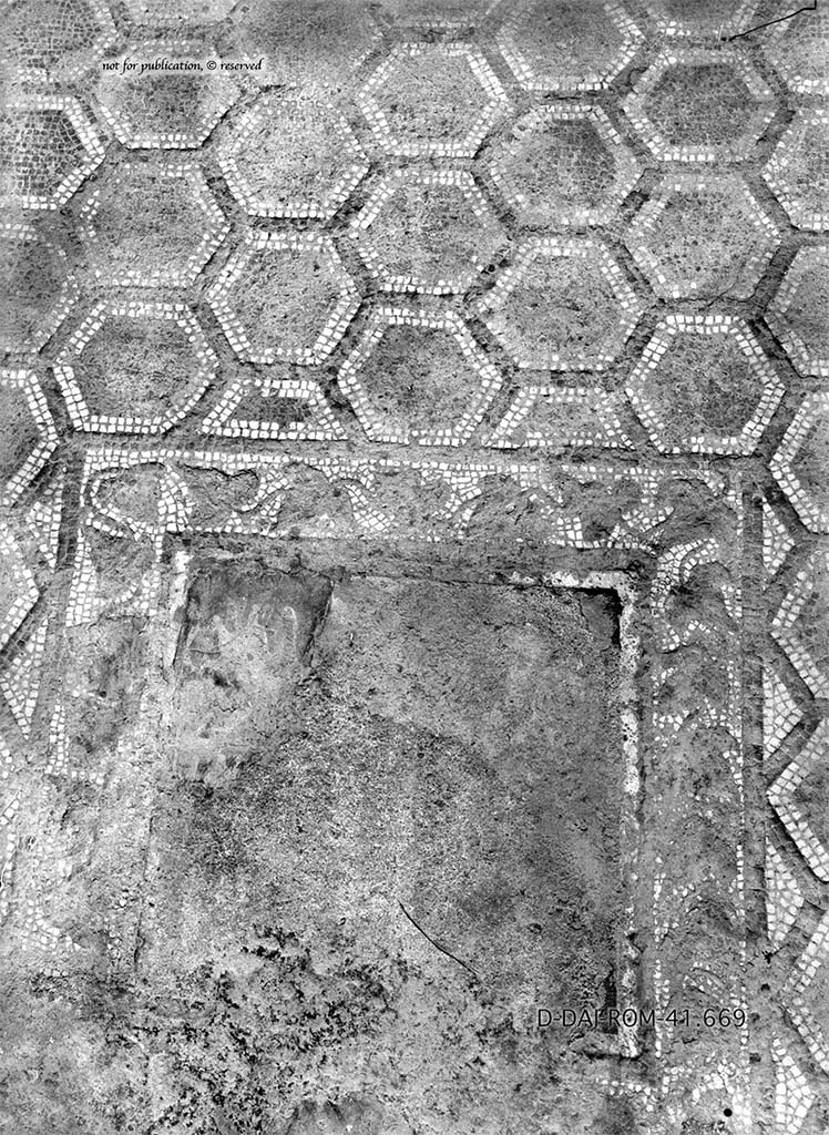 I.6.4 Pompeii. Mosaic floor in small cubiculum.
DAIR 41.669. Photo © Deutsches Archäologisches Institut, Abteilung Rom, Arkiv. 
See Pernice, E.  1938. Pavimente und Figürliche Mosaiken: Die Hellenistische Kunst in Pompeji, Band VI. Berlin: de Gruyter, Taf. 26,4.
See http://arachne.dainst.org/entity/1327491 

