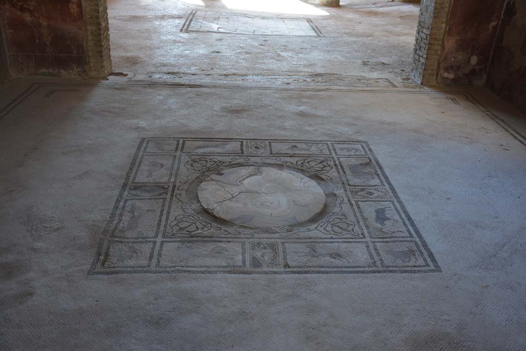 I.7.1 Pompeii. October 2019. Looking south from mosaic with animals and round marble centre in floor of tablinum, towards another emblema in floor of adjacent oecus.
Foto Annette Haug, ERC Grant 681269 DÉCOR.

