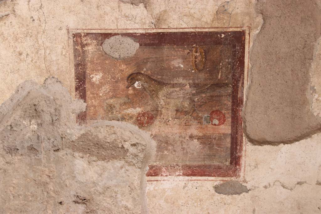 I.7.11 Pompeii. September 2021. East wall with wall painting of bird with vase. Photo courtesy of Klaus Heese.