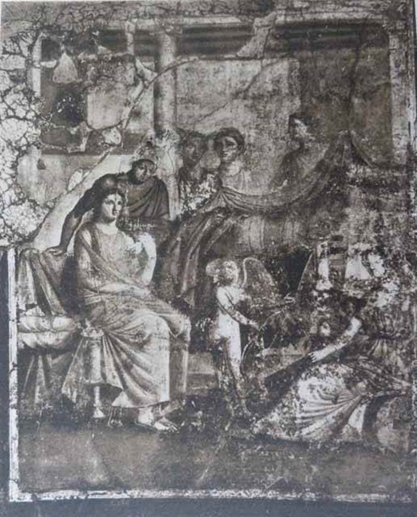 I.7.19 Pompeii. Old undated photograph North wall of tablinum. Wall painting of Aphrodite and Ares from north wall of tablinum, shortly after excavation.
