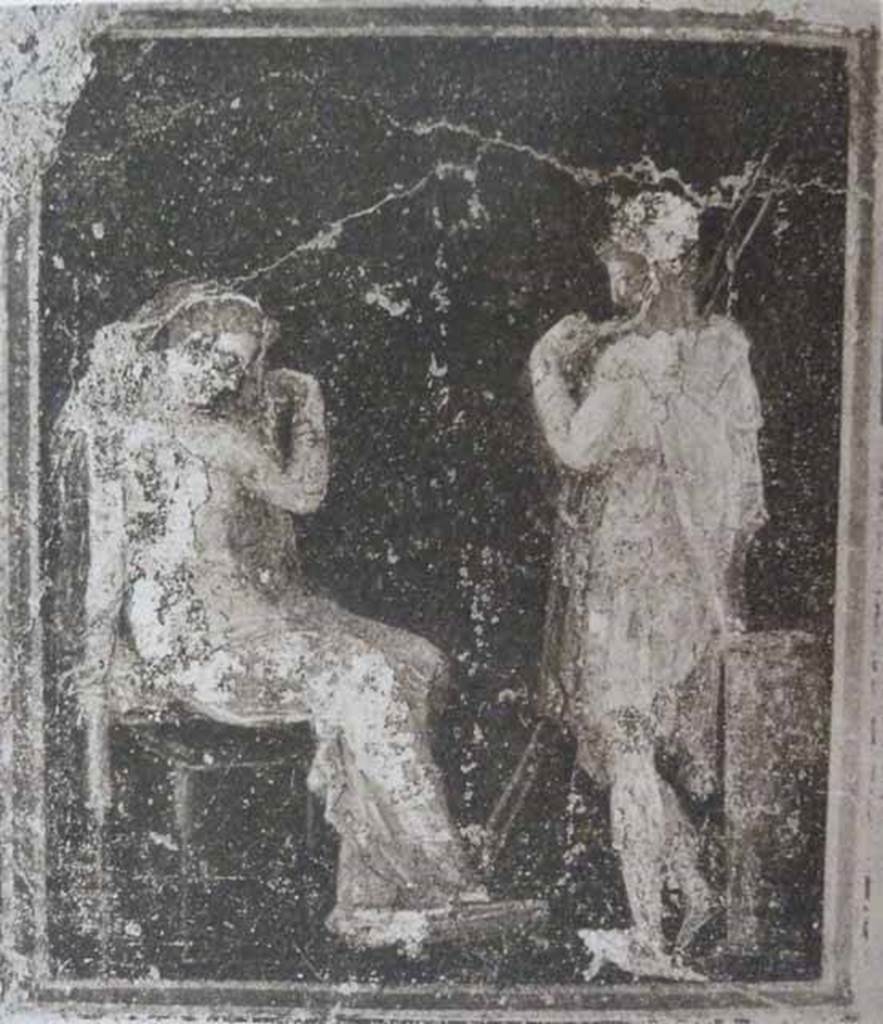 I.7.19 Pompeii. Old undated photograph of Helen and Paris from north wall of cubiculum, shortly after excavation.
