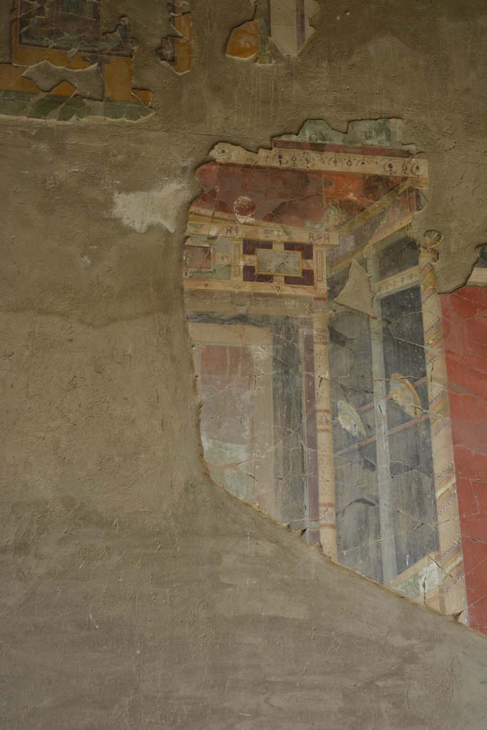 I.9.1 Pompeii. October 2019. Room 7, detail from central area of east wall of tablinum.
Foto Annette Haug, ERC Grant 681269 DCOR.

