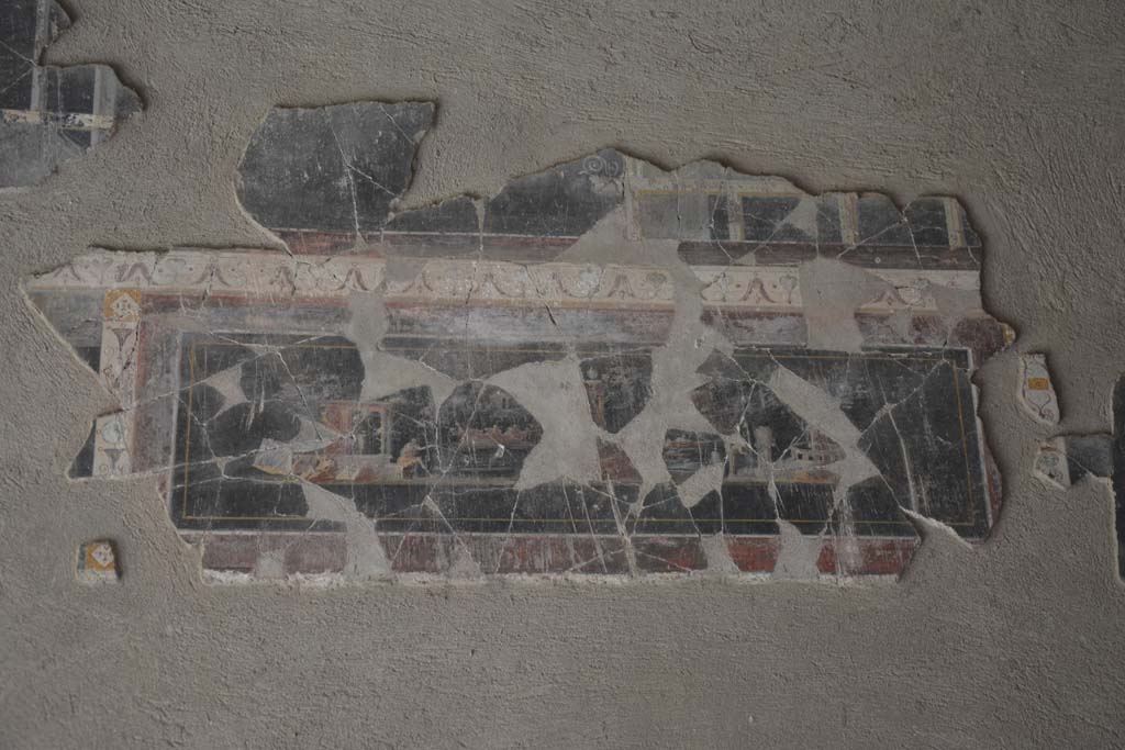 I.9.1 Pompeii. October 2019. Room 8, detail from north end of west wall of triclinium.
Foto Annette Haug, ERC Grant 681269 DCOR.
