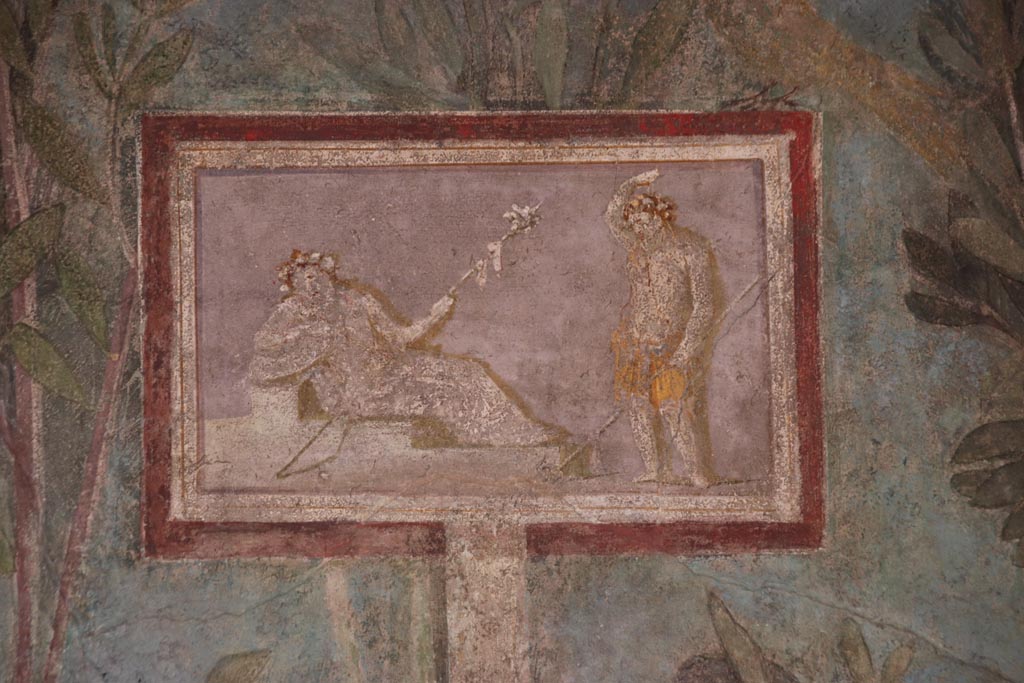 I.9.5 Pompeii. October 2022. Room 5, painted panel of Dionysus and Maenad from centre of east wall. Photo courtesy of Klaus Heese.
