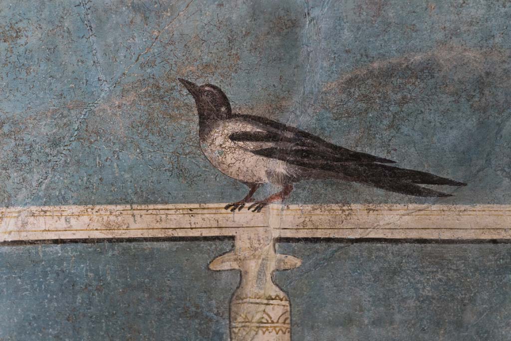 I.9.5 Pompeii. April 2022. Room 5, cubiculum, detail of painted bird from upper south wall. Photo courtesy of Johannes Eber.