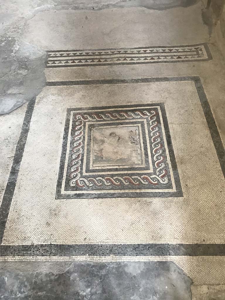 I.10.4 Pompeii. April 2019. Room 21, mosaic emblema of satyr and maenad, in centre of mosaic floor.
Photo courtesy of Rick Bauer.
