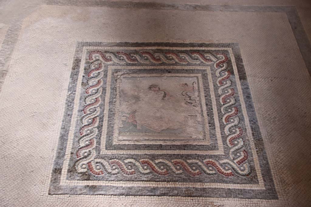 I.10.4 Pompeii. September 2021. Room 21, mosaic emblema of satyr and maenad. Photo courtesy of Klaus Heese.