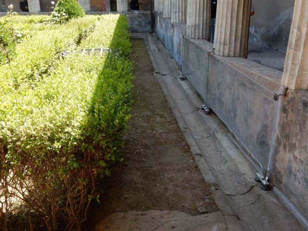I.10.4 Pompeii. May 2017. Looking south along gutter in garden near west portico with remains of painted pluteus. Photo courtesy of Buzz Ferebee.
