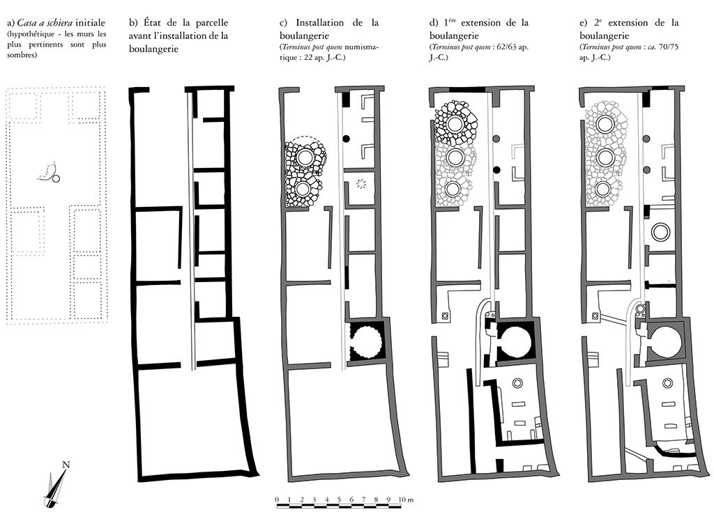 Fig. 1  Pompi Pistrina. Restitution de lvolution des espaces vous  la boulangerie dans la maison I 12, 1-2.
Relev et dessin : N. Monteix ; chelle : 1/250. Utilisation soumise  CC-BY-NC-SA 4.0


