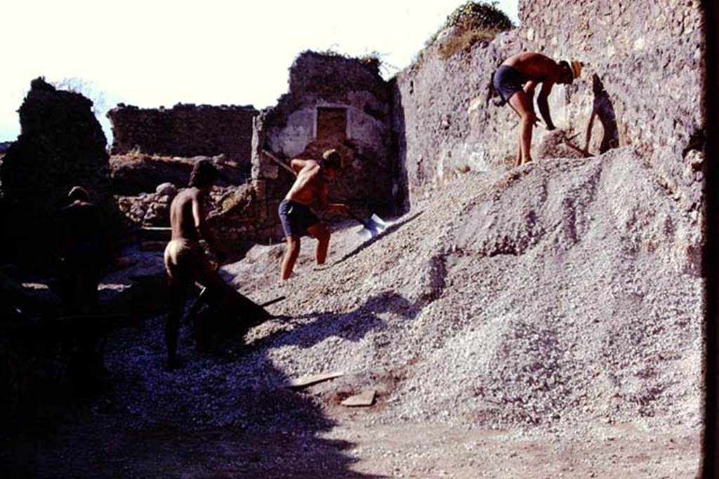 I.21.3 Pompeii. 1974. Clearing the lapilli from near the east wall, looking north. Photo by Stanley A. Jashemski.   
Source: The Wilhelmina and Stanley A. Jashemski archive in the University of Maryland Library, Special Collections (See collection page) and made available under the Creative Commons Attribution-Non Commercial License v.4. See Licence and use details. J74f0293
