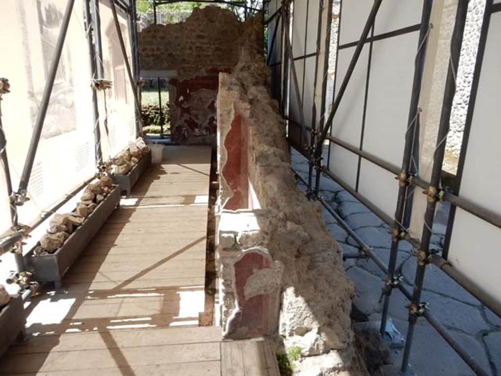 III.3.6 Pompeii. May 2018. Looking north along east side, with remains of collapsed wall, in centre. Vicolo di Ifigenia, on right. Photo courtesy of Buzz Ferebee.
