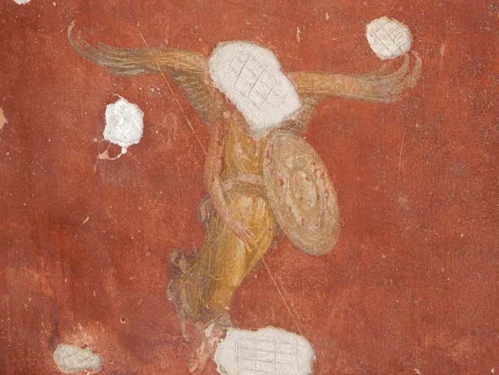 III.3.6 Pompeii. May 2018. Detail of painted winged figure with lance and shield on east wall in north-east corner. Photo courtesy of Buzz Ferebee.