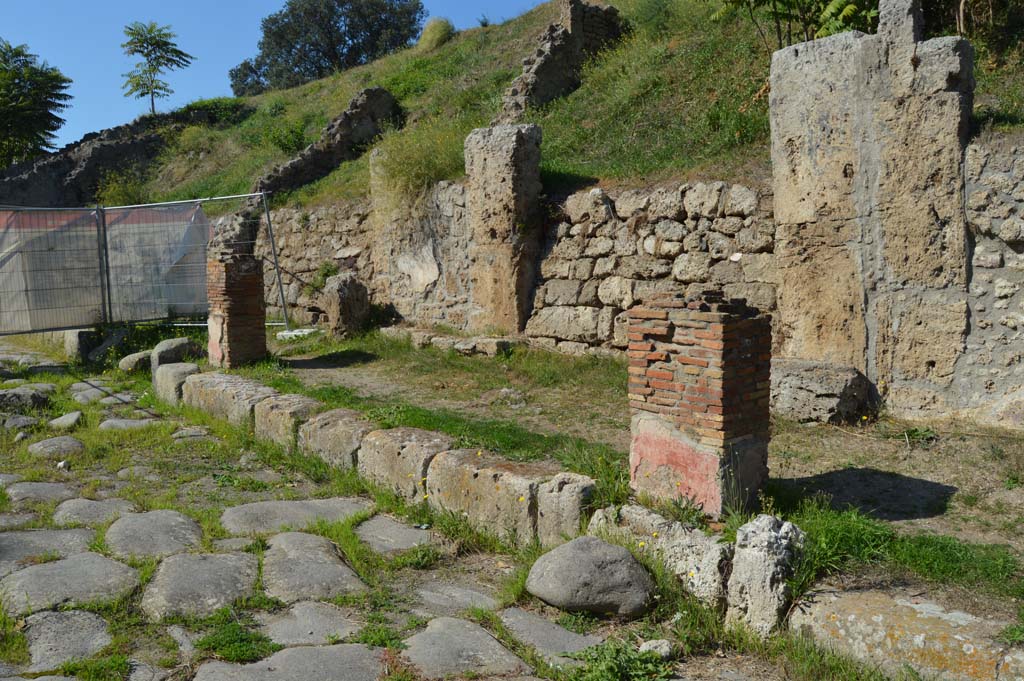IV.2.a, Pompeii. October 2017. Looking north-west along Via di Nola and portico with pilasters, from east end.
The visible upper side walls, centre left, would be on either side of the unexcavated roadway between IV.1 and IV.2.
Foto Taylor Lauritsen, ERC Grant 681269 DCOR.
