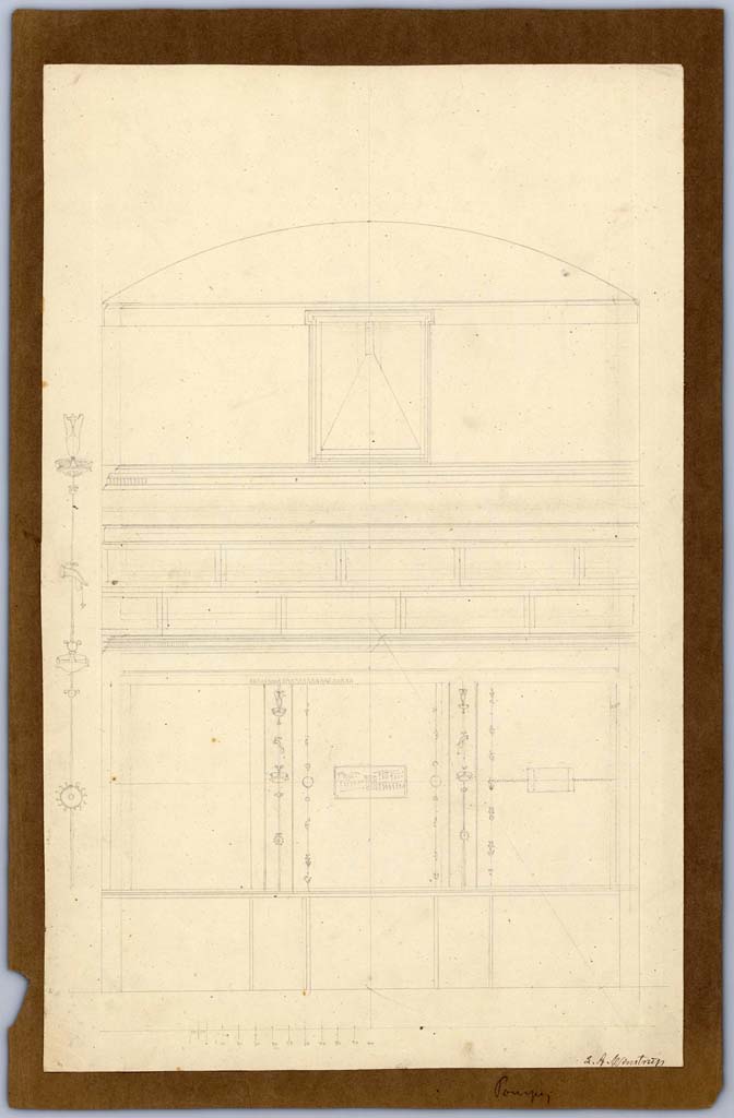 V.1.7 Pompeii. 1849. 
Drawing by Laurits Albert Winstrup showing east wall of cubiculum and detail of candelabrum, on left.  
Photo © Danmarks Kunstbibliotek, inventory number ark_6185.
