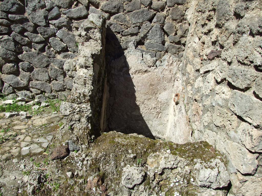 V.1.23 Pompeii. March 2009. Room “n”, water basin (?) on east side of hearth, against north wall of kitchen area.