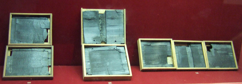 Some of the wax tablets recording transactions which were found at V.1.26. Now in Naples Archaeological Museum.
