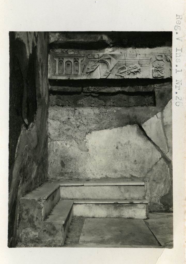 V.1.26 Pompeii. Pre-1937-39. Room “b”, atrium, detail of top of marble lararium.
Photo courtesy of American Academy in Rome, Photographic Archive. Warsher collection no. 1563.

