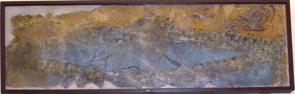 V.1.18/29/30/31/32 Pompeii? May 2010. Found 6th April 1748 in V.1.
Wall painting showing the first picture found in the excavations of the Cività “garland with mask of bearded satyr, and bird resting on the festoon”.
Now in Naples Archaeological Museum. Inventory number 8591.
It was possibly found in the area of V.1.29/30/31/32 near the crossroads of the Via Stabiana and Via di Nola.
However, PPM (III, 540), thinks that the excavations started in V.1.18, House of the Epigrams, in April 1748 so it could have come from there, or vicinity.  
See Pagano, M. and Prisciandaro, R., 2006. Studio sulle provenienze degli oggetti rinvenuti negli scavi borbonici del regno di Napoli. Naples: Nicola Longobardi. (p.11)
