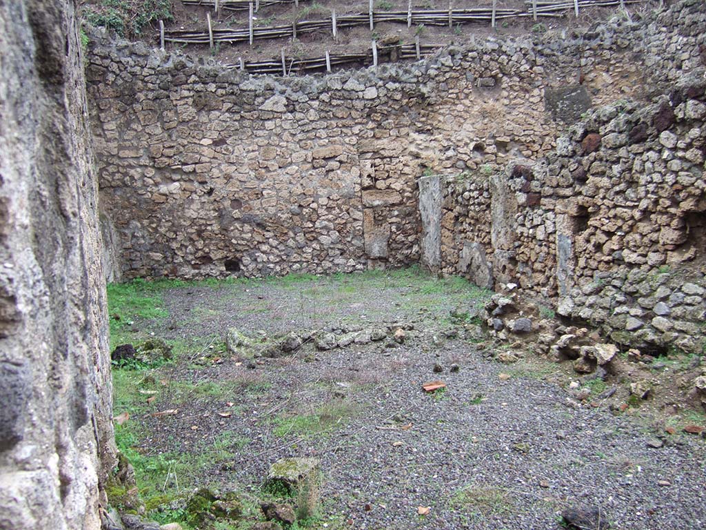 V.2.f, Pompeii. December 2005. Looking north from atrium, across site of two rooms, on left, and a corridor, on right. 
According to NdS, on the north side of the atrium was a room, perhaps the triclinium, flanked by a narrow corridor.
The corridor led to another room on the north side of the triclinium, which was linked to it by a doorway.
Both the rooms were lit by windows overlooking the vicolo.
