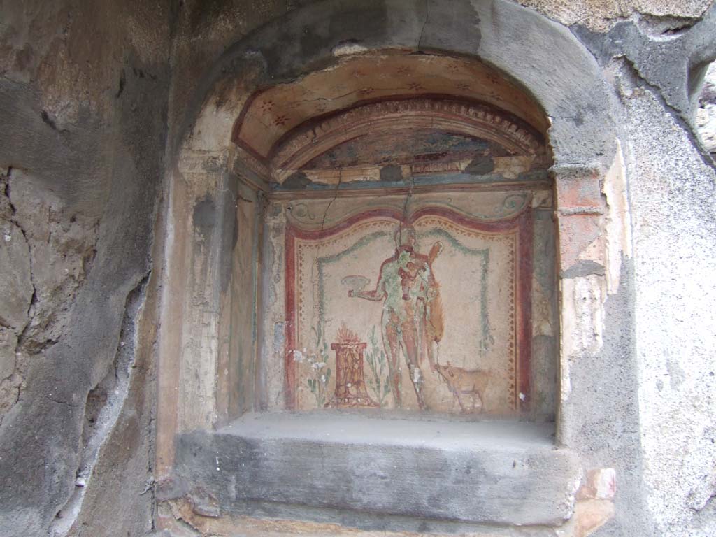 V.2.h Pompeii. December 2005. Lararium niche painting in north wall of area ‘k’.  
Hercules is wearing a lion skin, with a club in his left arm and a Skyphos in his right hand.  
To his left stands a small pig.  To his right is a round altar.
See Fröhlich, T., 1991. Lararien und Fassadenbilder in den Vesuvstädten. Mainz: von Zabern. (p.269, L48, T:32).
