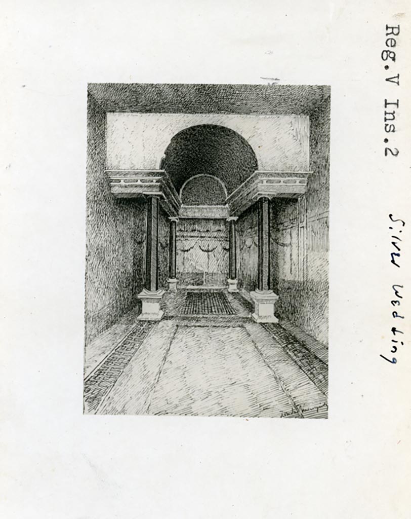 V.2.i Pompeii. Pre-1937-39. Room 21, drawing, looking east across Corinthian oecus.
Photo courtesy of American Academy in Rome, Photographic Archive. Warsher collection no. 504.
