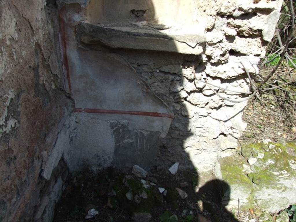 V.4.13 Pompeii.  March 2009.  Garden.  Lararium niche in north west corner.  Painted plaster below niche.