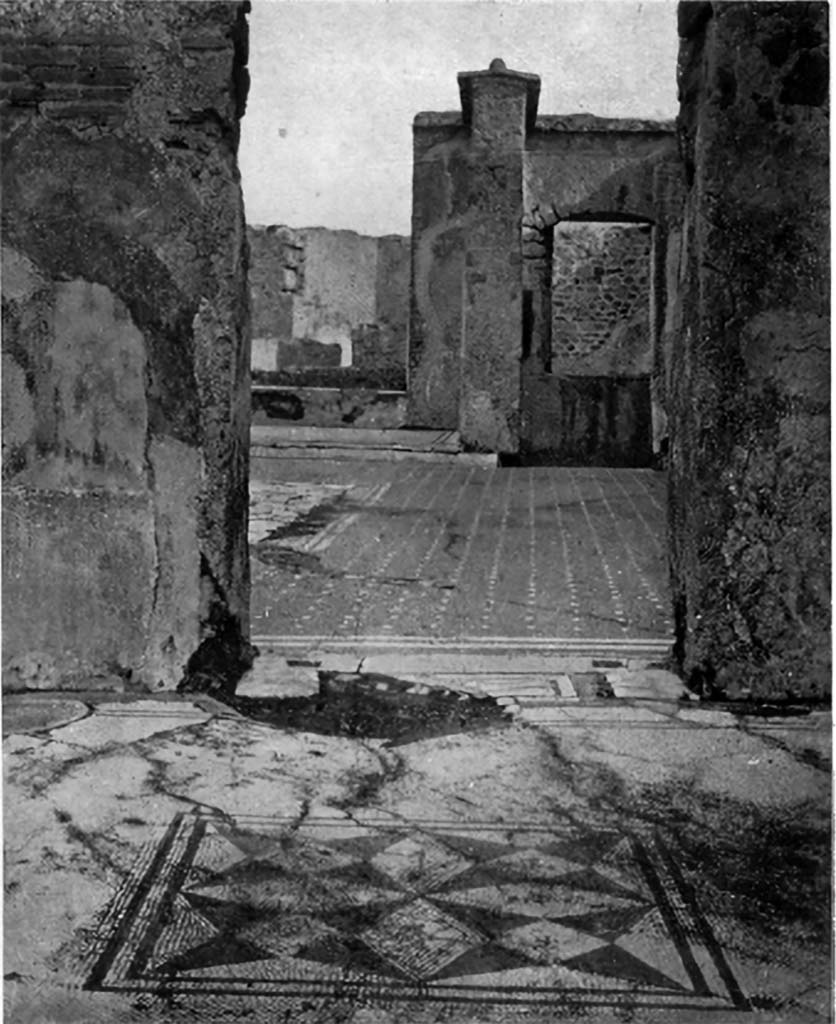 VI.1.8 Pompeii. c.1930. Looking east across flooring towards doorway to atrium.
The doorway is looking into the atrium of VI.1.7 on the south side.
Looking towards the tablinum (our room 42) and doorway to (our) room 43, on right, before the 1943 bombing.
See Blake, M., (1930). The pavements of the Roman Buildings of the Republic and Early Empire. Rome, MAAR, 8, (p.103, with ftn.5, & Pl.31, tav.4).


