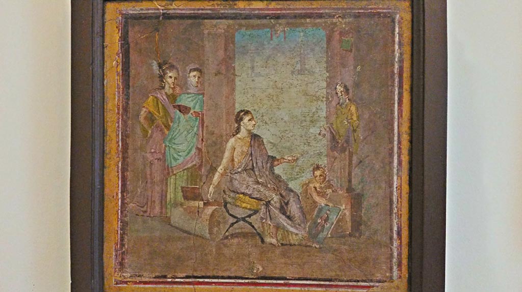 VI.1.10 Pompeii. Found 22nd June 1771 on east wall of room 9, room to south of garden.  
Wall painting of a young woman painting a herm of Dionysus.  Photo courtesy of Giuseppe Ciaramella, November 2018.
