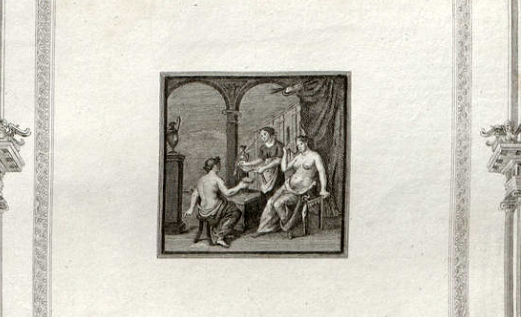 VI.1.10 Pompeii. Pre-1808 drawing of central panel from south wall of room 9. 
Copy of painting of a man sitting with a writing tablet in his hand, opposite him are 2 girls, one sitting, the other standing; the latter holds a roll of papyrus.
See Gli ornati delle pareti ed i pavimenti delle stanze dell'antica Pompei incisi in rame: 1808, and 1838, Tav. 6.
