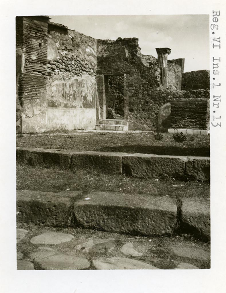 VI.1.13 Pompeii. Pre-1937-39. Looking north-east across entrance on Via Consolare.
Photo courtesy of American Academy in Rome, Photographic Archive. Warsher collection no. 1107.
