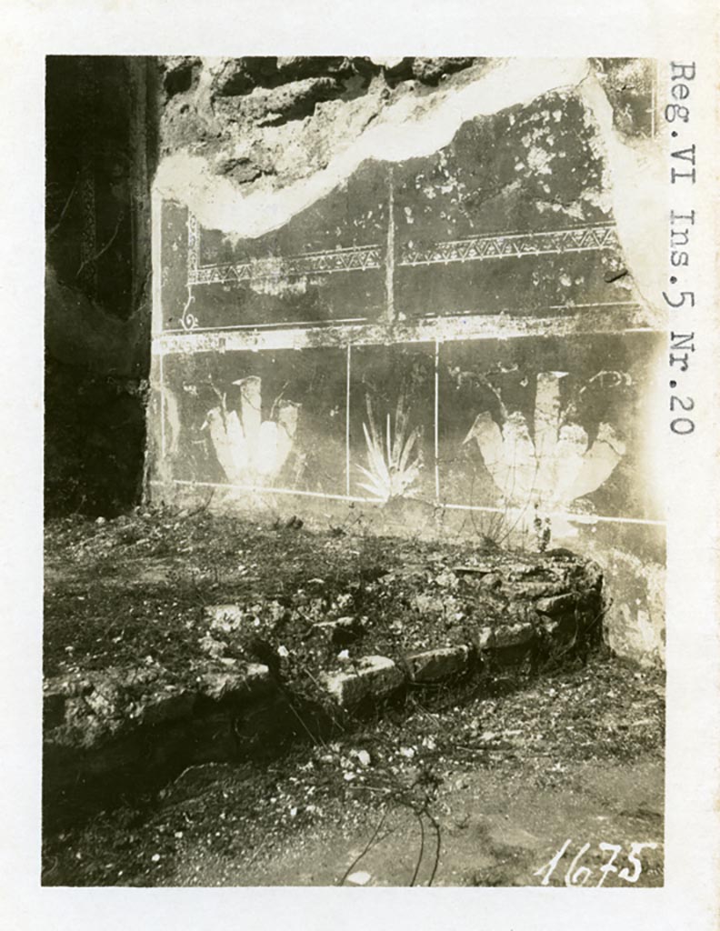 VI.5.8 Pompeii, but shown as VI.5.20 on photo, the rear of the same house. Pre-1937-39. 
Looking towards north-west corner of room behind the tablinum.
This shows the west end of the decorated north wall above a raised alcove.
Photo courtesy of American Academy in Rome, Photographic Archive. Warsher collection no. 1675.
