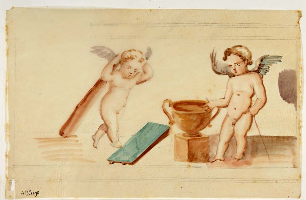 VI.7.18 Pompeii. Watercolour by Antonio Ala, showing two cupids from west end of south wall, (right side of central painting), with items from the myth of Hercules and Omphale, the club and kantharos???? 
Now in Naples Archaeological Museum. Inventory number ADS 198.
Photo © ICCD. http://www.catalogo.beniculturali.it
Utilizzabili alle condizioni della licenza Attribuzione - Non commerciale - Condividi allo stesso modo 2.5 Italia (CC BY-NC-SA 2.5 IT)


