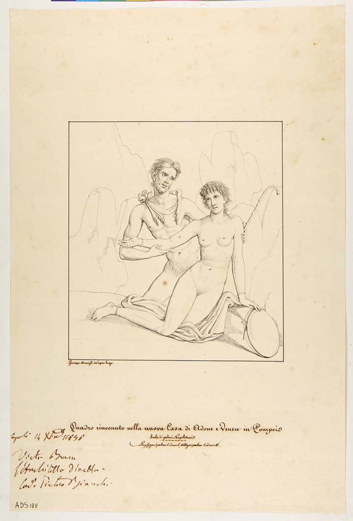VI.7.18 Pompeii. Pen and ink drawing by Giuseppe Marsigli, 
“Of another painting also of Satyr and Maenad (Helbig 548) placed on one of the long walls of oecus/cubiculum, we have this design by Marsigli.”
Whereas this painting in the design of A. Ala (above), which reproduces the entire south wall of the oecus/cubiculum, was wrongly placed at the centre of the same.
Now in Naples Archaeological Museum. Inventory number ADS 188.
Photo © ICCD. http://www.catalogo.beniculturali.it
Utilizzabili alle condizioni della licenza Attribuzione - Non commerciale - Condividi allo stesso modo 2.5 Italia (CC BY-NC-SA 2.5 IT)
