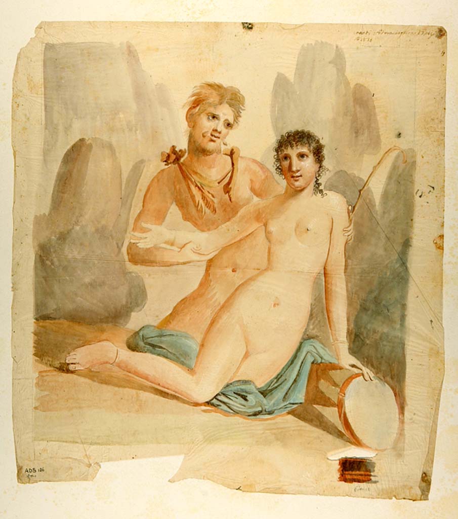 VI.7.18 Pompeii. Painting of central painting from a wall of the oecus/cubiculum, by Antonio Ala dated 13th August 1836.
Now in Naples Archaeological Museum. Inventory number ADS 186.
Photo © ICCD. http://www.catalogo.beniculturali.it
Utilizzabili alle condizioni della licenza Attribuzione - Non commerciale - Condividi allo stesso modo 2.5 Italia (CC BY-NC-SA 2.5 IT)

