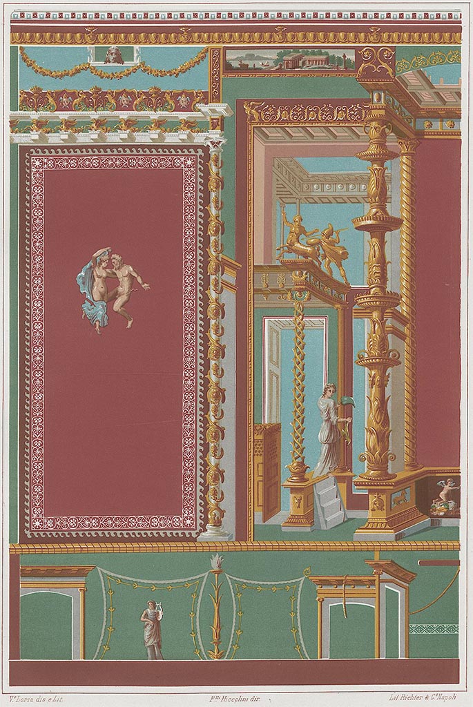 VI.7.18 Pompeii. Painting by Niccolini showing north end of east wall in oecus.
See Niccolini, F., 1862. Le Case ed i Monumenti di Pompei: Book 2, (Tav. LXXXV).
