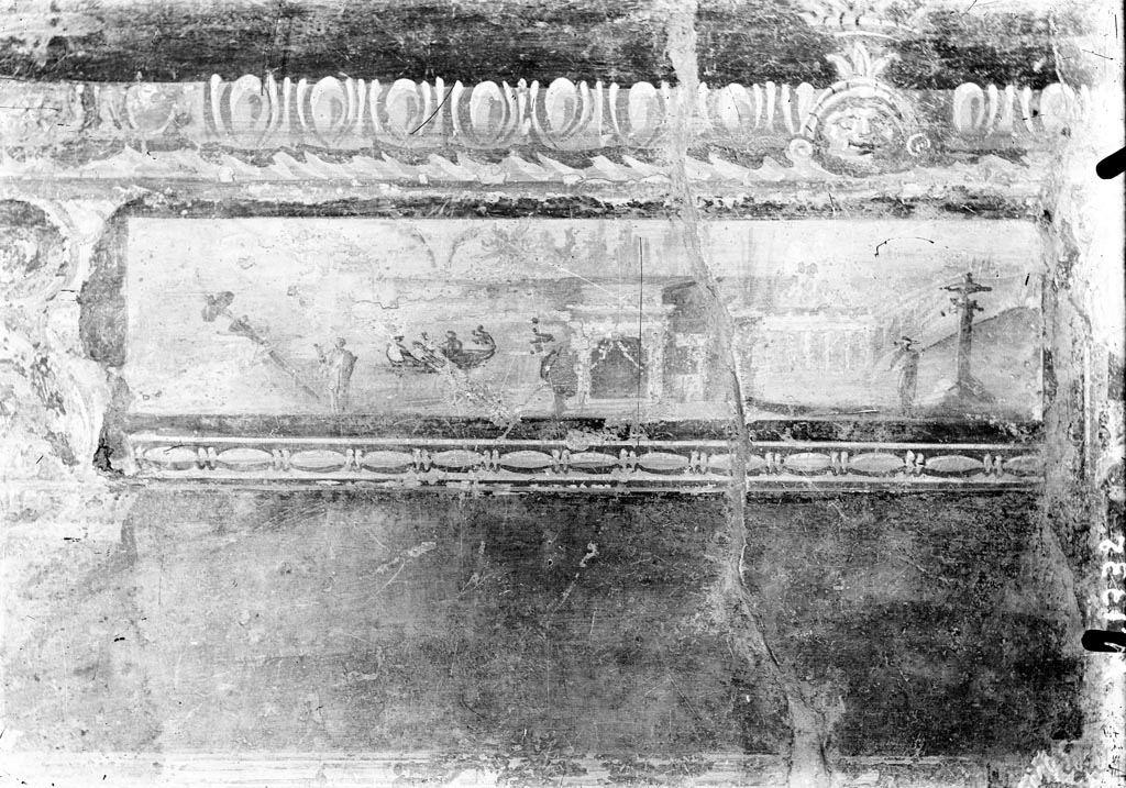 VI.7.18 Pompeii. W1332. Panel with landscape from west end at top of south wall. See the top drawing in W.60 below.
Photo by Tatiana Warscher. Photo © Deutsches Archäologisches Institut, Abteilung Rom, Arkiv. 
