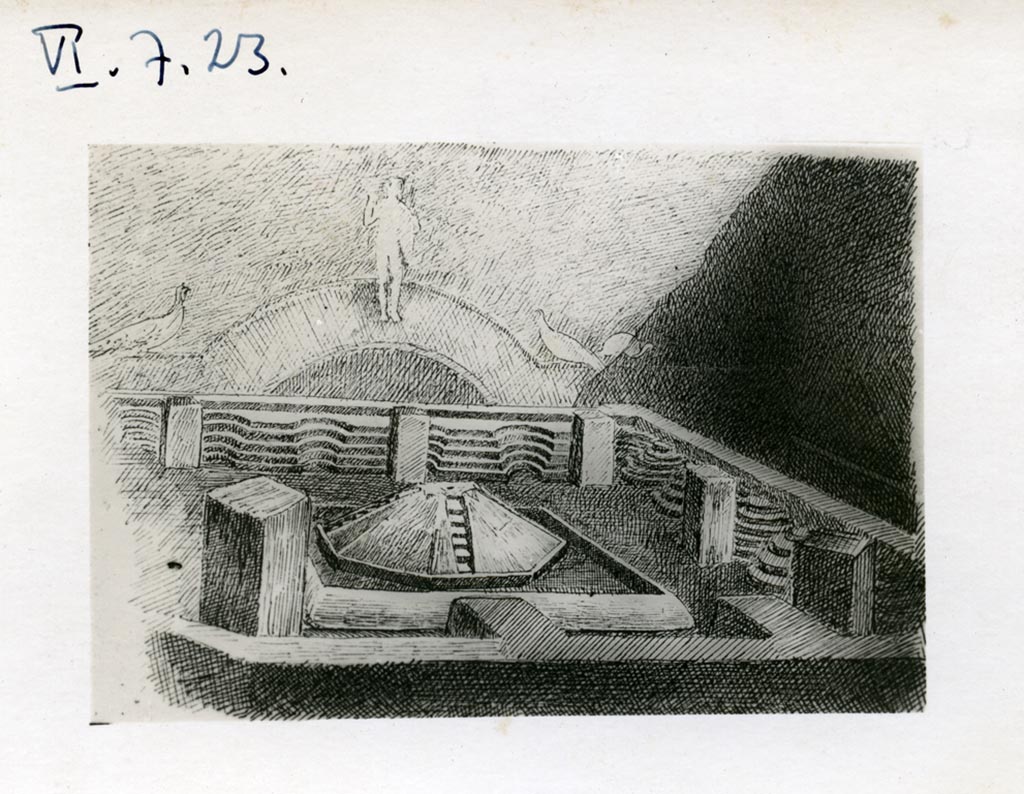 VI.7.23 Pompeii. Pre-1937-1939. Drawing of pyramidal fountain in courtyard.  
Photo courtesy of American Academy in Rome, Photographic Archive. Warsher collection no. 421.
