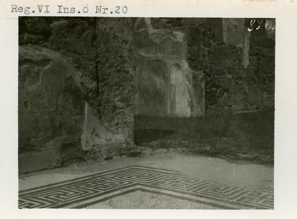 VI.8.22 Pompeii, but shown as VI.8.20 on photo. Pre-1937-39. 
Room 13, looking north-east across mosaic in tablinum, towards atrium. 
Photo courtesy of American Academy in Rome, Photographic Archive. Warsher collection no. 890.
