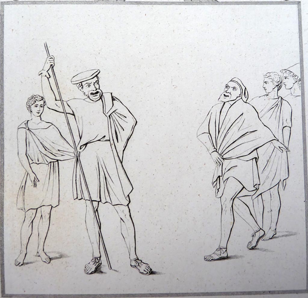 VI.8.22 Pompeii. Pre 1836. Drawing by Gell called “Comic sketch. 
He wrote –
“This probably represents a scene in some well known and popular comedy, though there seems nothing so characteristic as to enable us, at this distance of time, to point out exactly to what it alludes. The principal actor in the mask would seem to be what the Italians now call a buffo. This is in the House of the Fountain of Shells.”
See Gell, W and Gandy, J., 1880. Pompeii, its destruction and re-discovery. New York: Worthington.
