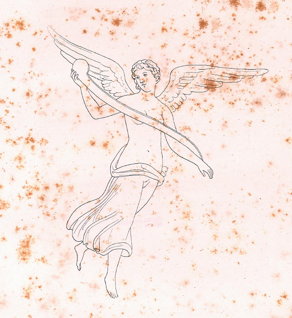 VI.8.22 Pompeii. Drawing by Zahn of flying figure.
See Zahn W. Neu entdeckte Wandgemälde in Pompeji gezeichnet von W. Zahn [ca. 1828], taf. XXXII.
