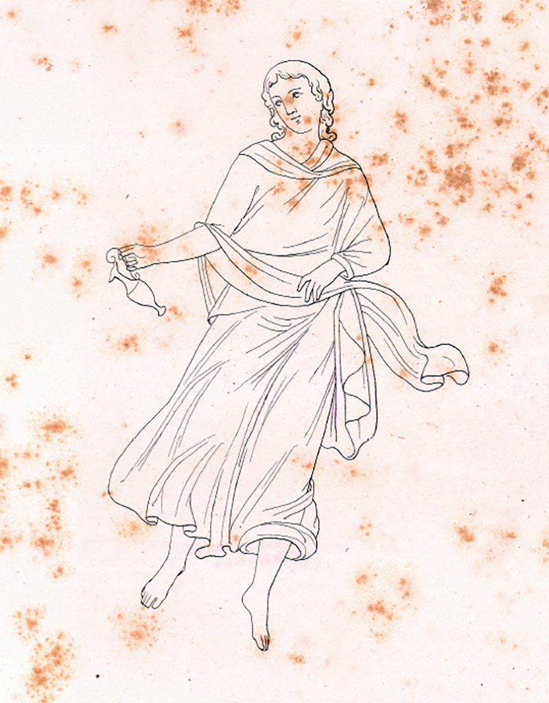 VI.8.22 Pompeii. Drawing by Zahn of flying figure with amphora/jug.
See Zahn W. Neu entdeckte Wandgemälde in Pompeji gezeichnet von W. Zahn [ca. 1828], taf. XXXIII.

