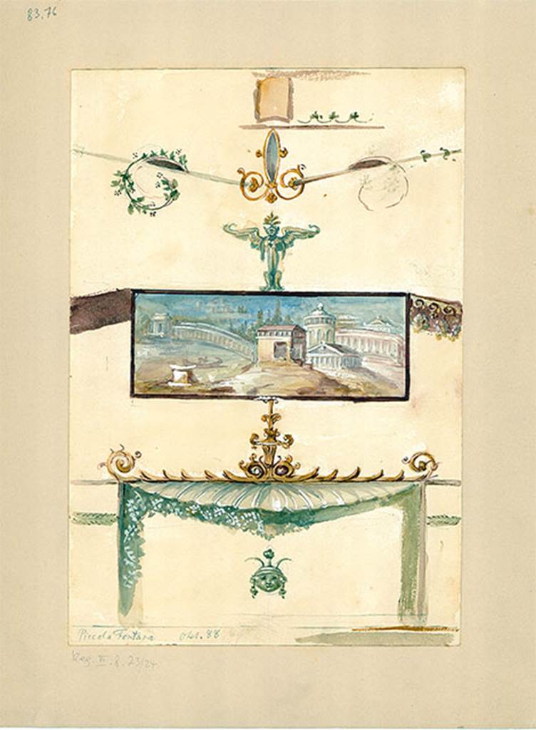 VI.8.23 Pompeii. 1888 watercolour copy of painted panel with architectural scene, from upper north wall of cubiculum at east end.
DAIR 83.76. Photo © Deutsches Archäologisches Institut, Abteilung Rom, Arkiv. 
See http://arachne.uni-koeln.de/item/marbilder/5022250
