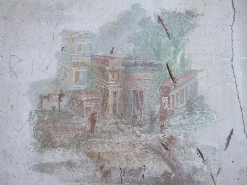 VI.8.23 Pompeii. September 2005. Painted architectural scene from north wall of cubiculum.