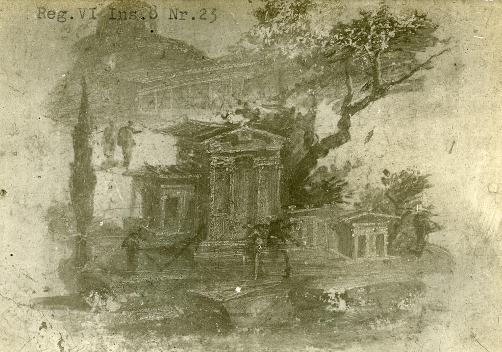 VI.8.23 Pompeii. Pre-1937-39. Wall painting of sacred landscape with houses or temples and tree, from centre of south wall.
Photo courtesy of American Academy in Rome, Photographic Archive. Warsher collection no. 718.
