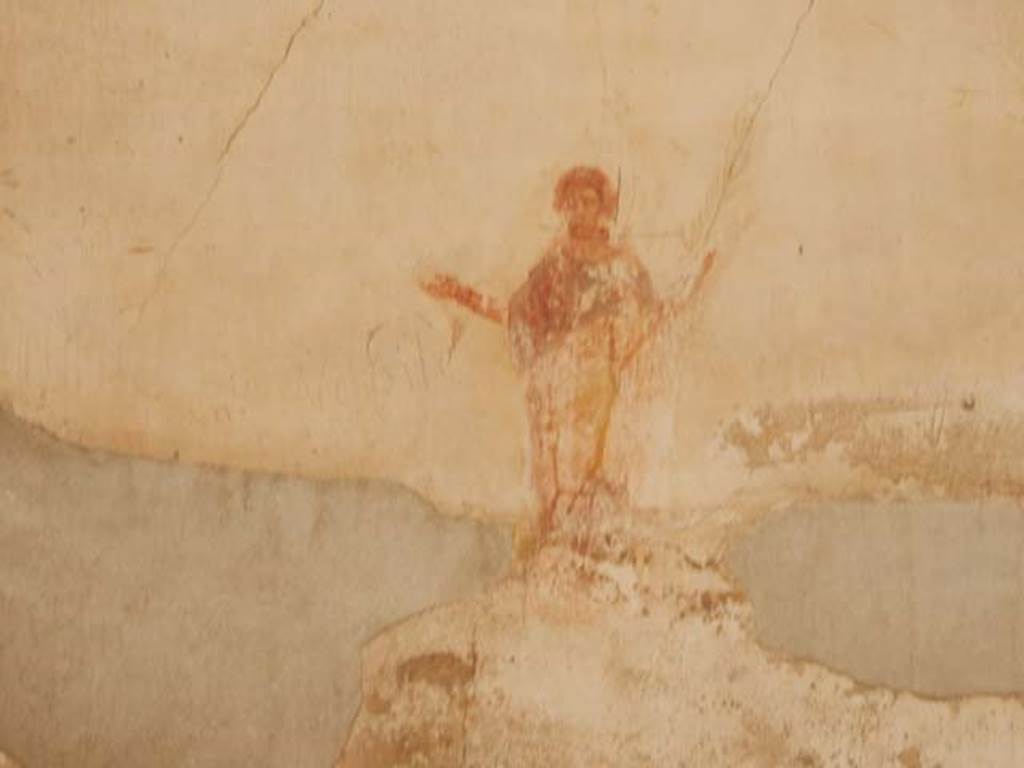 VI.8.23 Pompeii. May 2017.  Painted female flying figure wearing a garment and cloak, outstretching her arms and holding a palm branch in the left hand. Photo courtesy of Buzz Ferebee.
